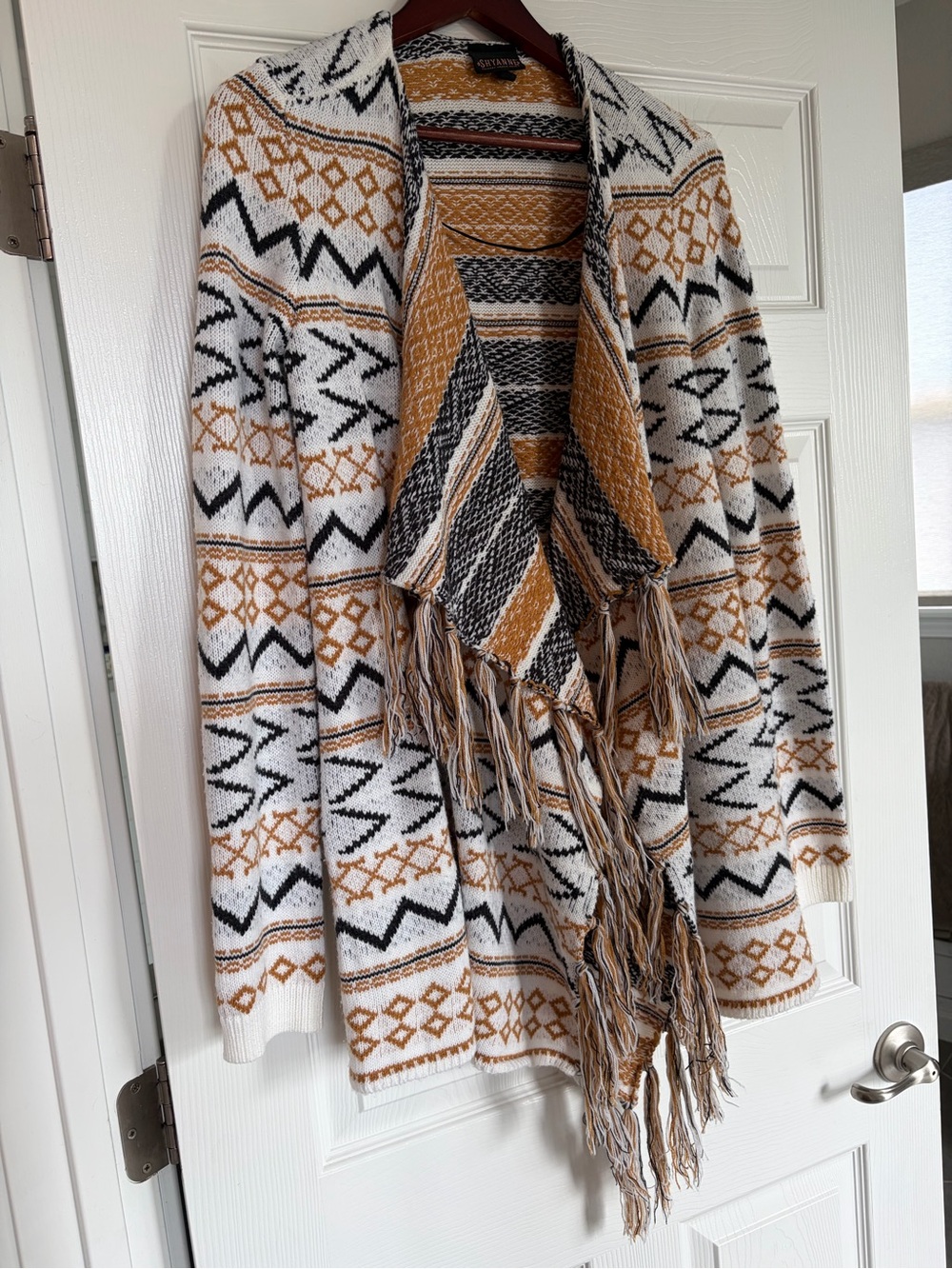 Shyanne White, Black & Mustard Geometric Fringe Cardigan